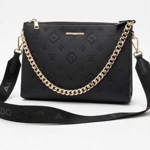 ALDO Black Embossed Crossbody Bag Muted Gold Chunky Chain & Wide Logo Strap